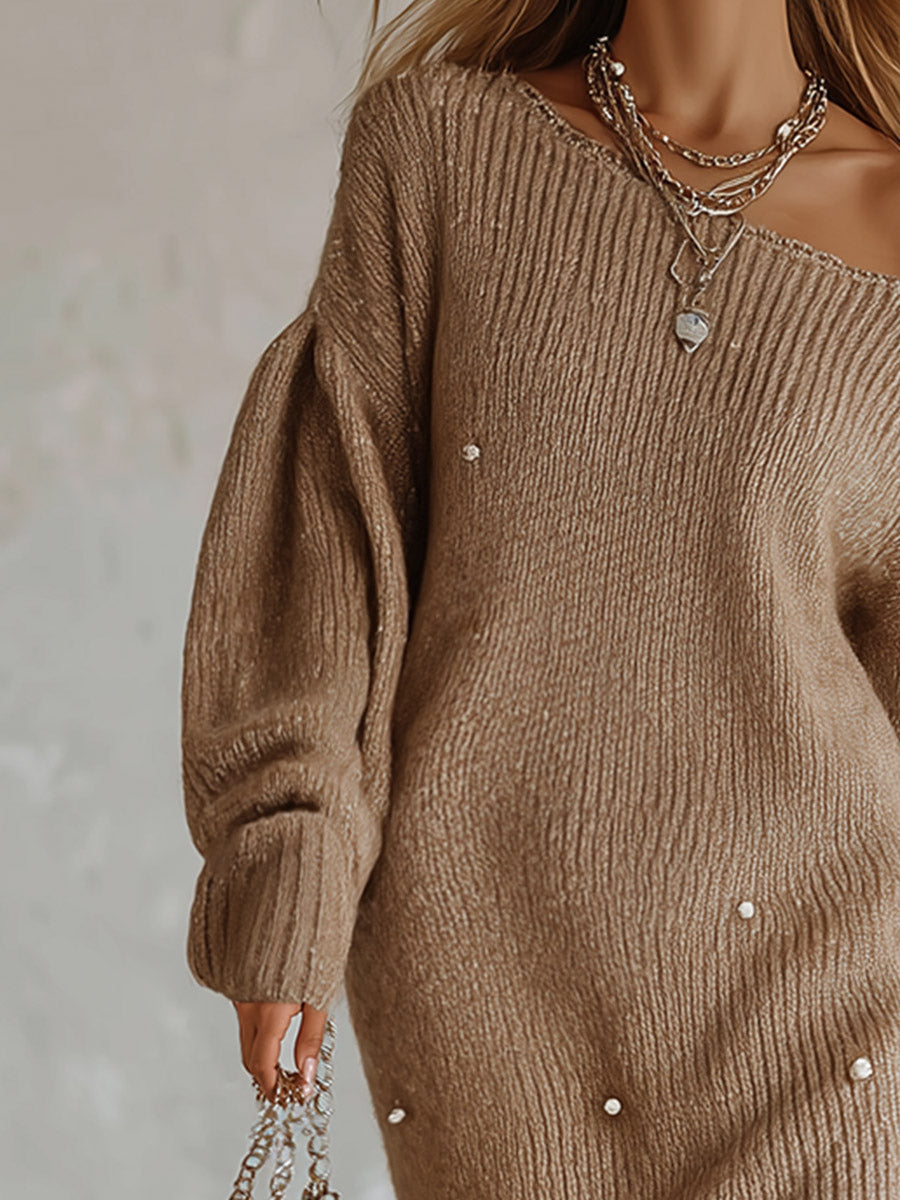 Elegant Ribbed Knit Boat-Neck Sweater with Pearl Beading Midi Dress