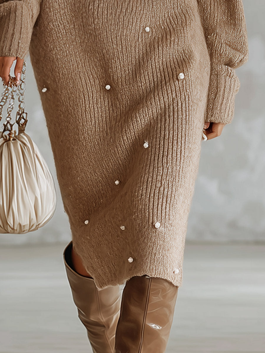 Elegant Ribbed Knit Boat-Neck Sweater with Pearl Beading Midi Dress