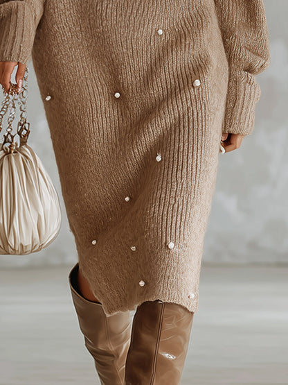 Elegant Ribbed Knit Boat-Neck Sweater with Pearl Beading Midi Dress