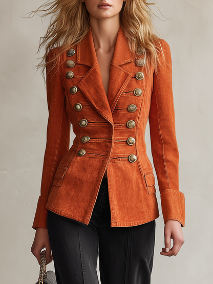 Vintage Double-breasted Gold-button Slim-fit Mid-length Denim Blazer