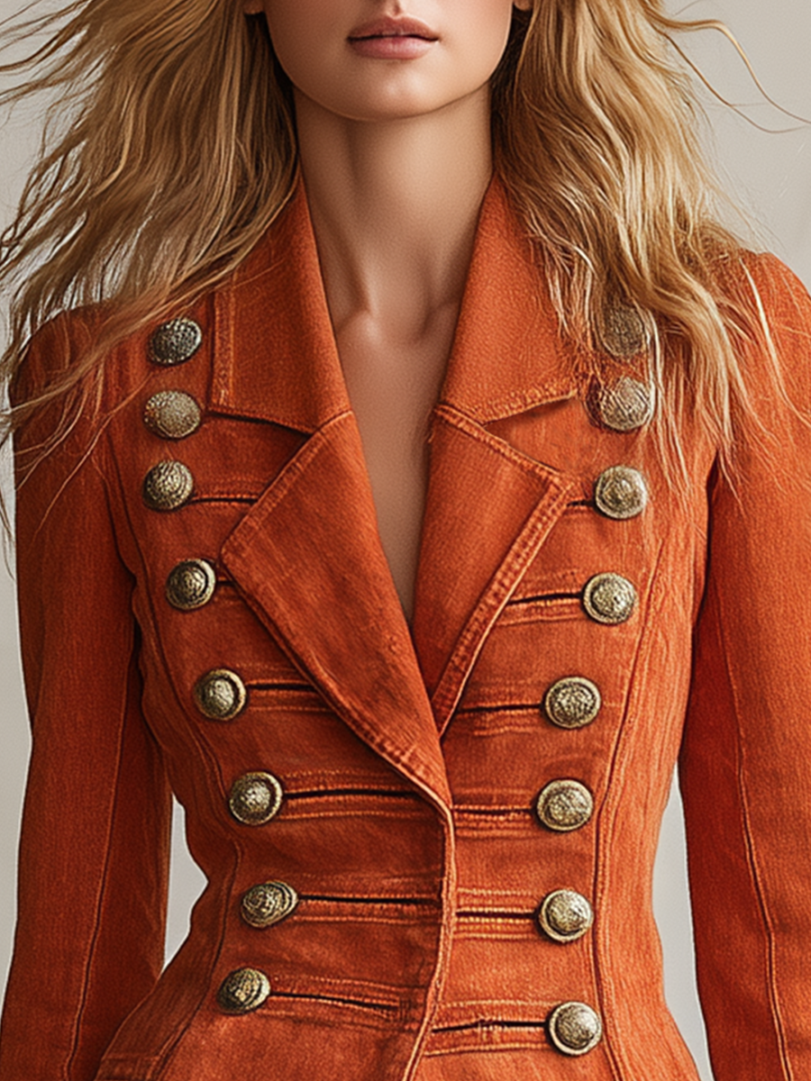 Vintage Double-breasted Gold-button Slim-fit Mid-length Denim Blazer