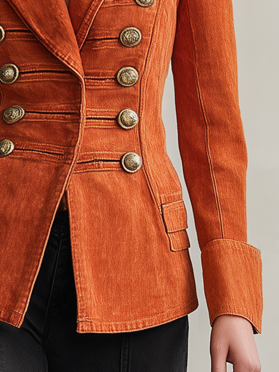 Vintage Double-breasted Gold-button Slim-fit Mid-length Denim Blazer