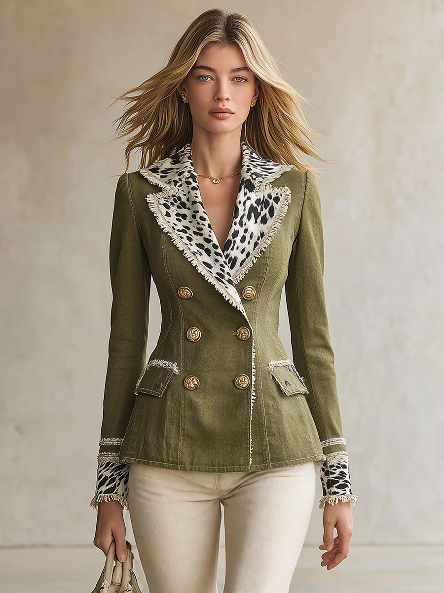 American Western Cow-print Panel Slim-fit Denim Blazer
