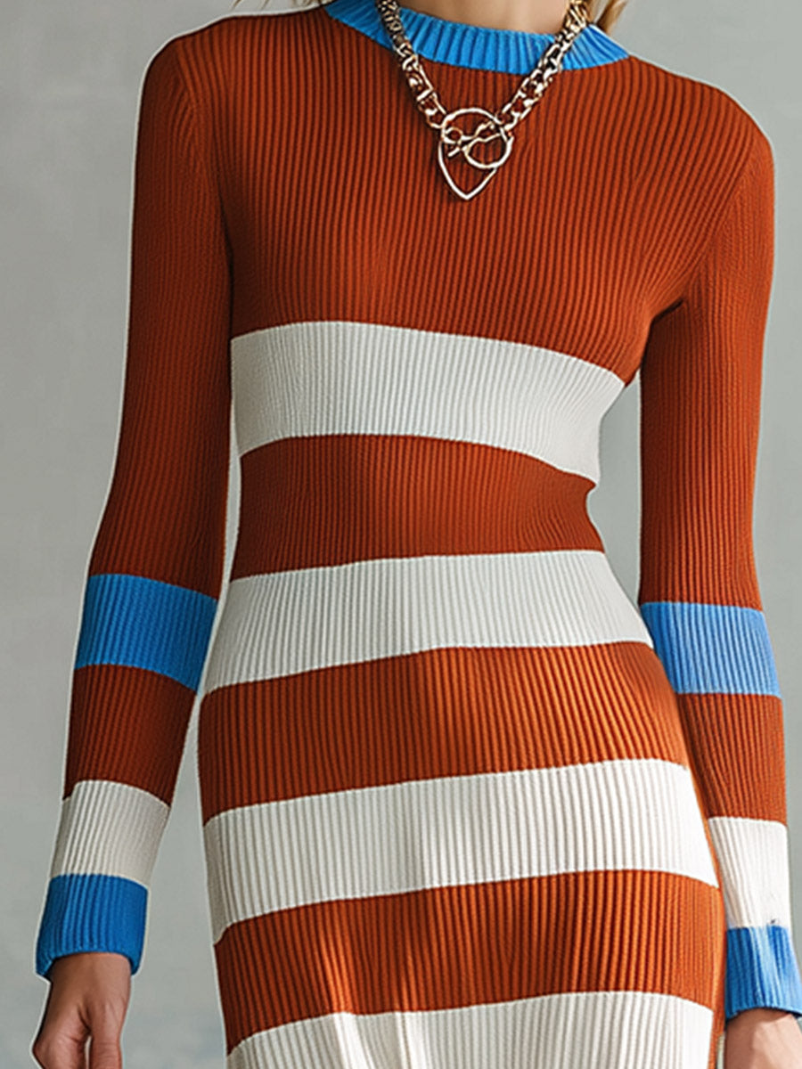 Vintage-style Comfortable Rust-red Striped Ribbed Maxi Dress