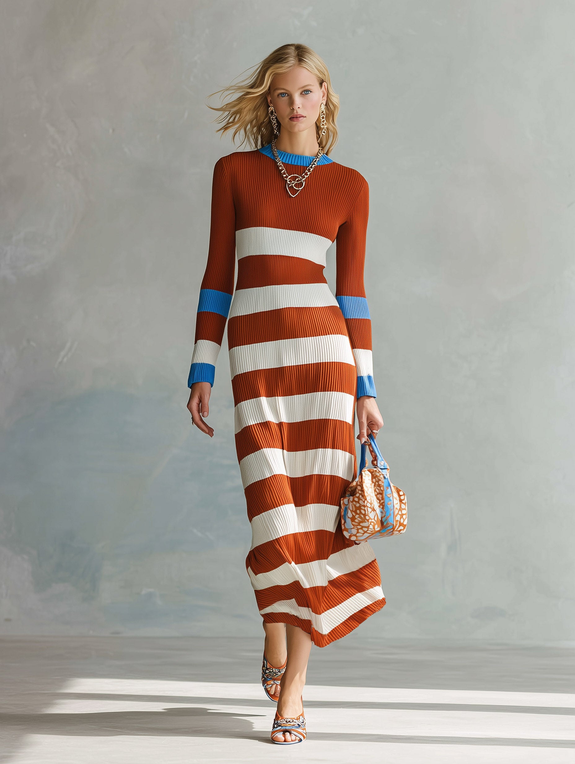 Vintage-style Comfortable Rust-red Striped Ribbed Maxi Dress