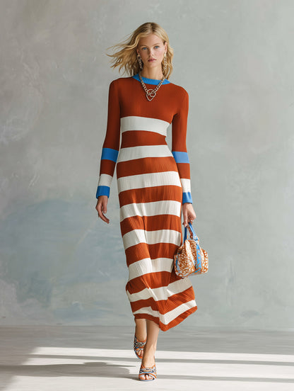 Vintage-style Comfortable Rust-red Striped Ribbed Maxi Dress