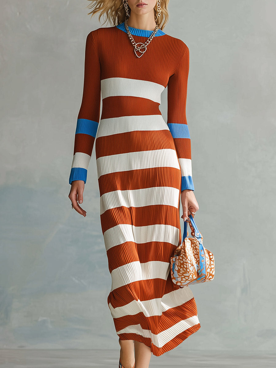 Vintage-style Comfortable Rust-red Striped Ribbed Maxi Dress
