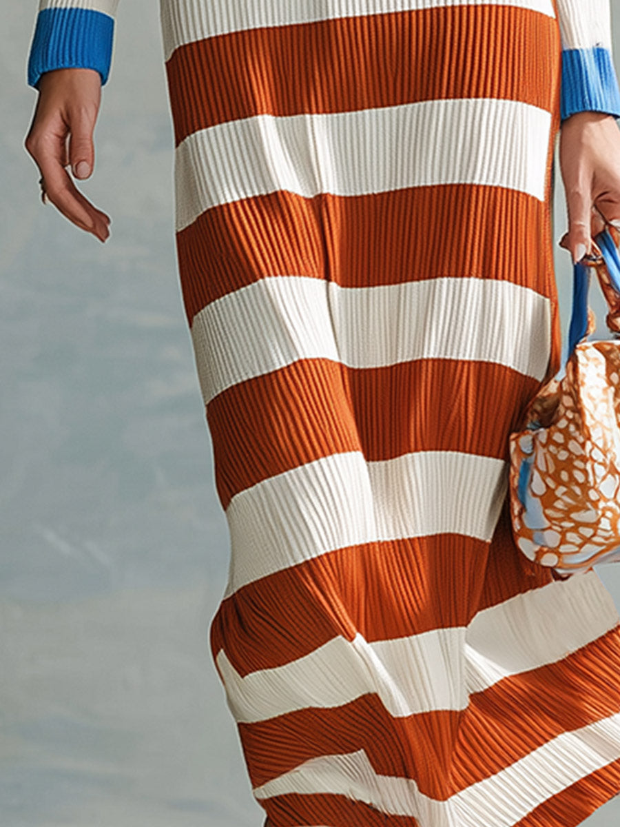 Vintage-style Comfortable Rust-red Striped Ribbed Maxi Dress