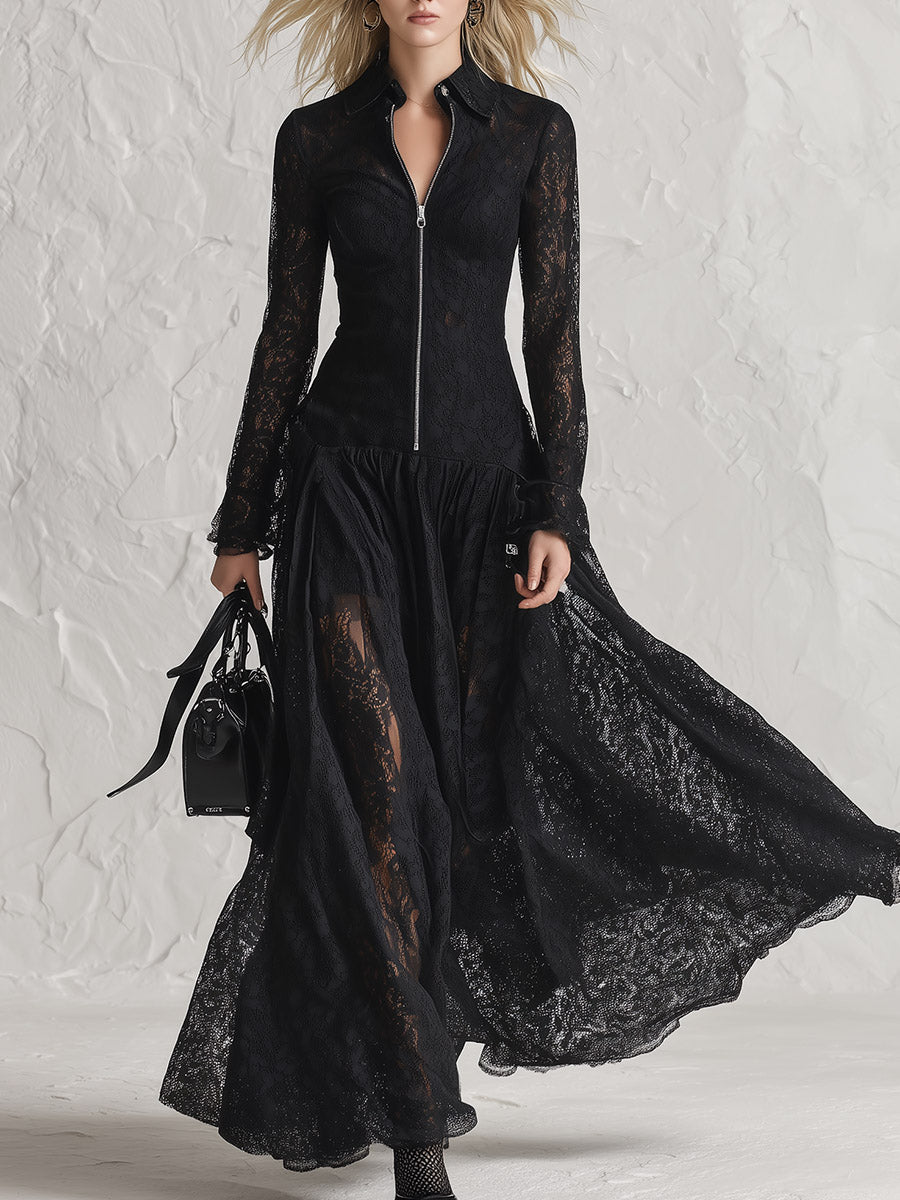 Elegant Sheer Lace Zip-Up Long Sleeve Maxi Dress