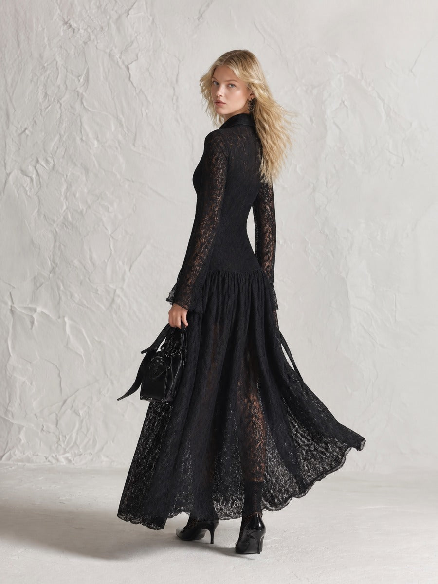 Elegant Sheer Lace Zip-Up Long Sleeve Maxi Dress