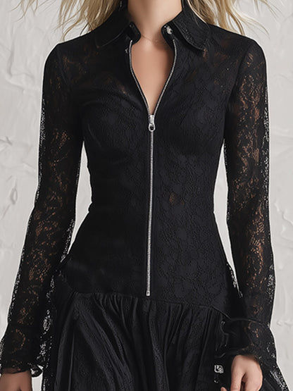 Elegant Sheer Lace Zip-Up Long Sleeve Maxi Dress