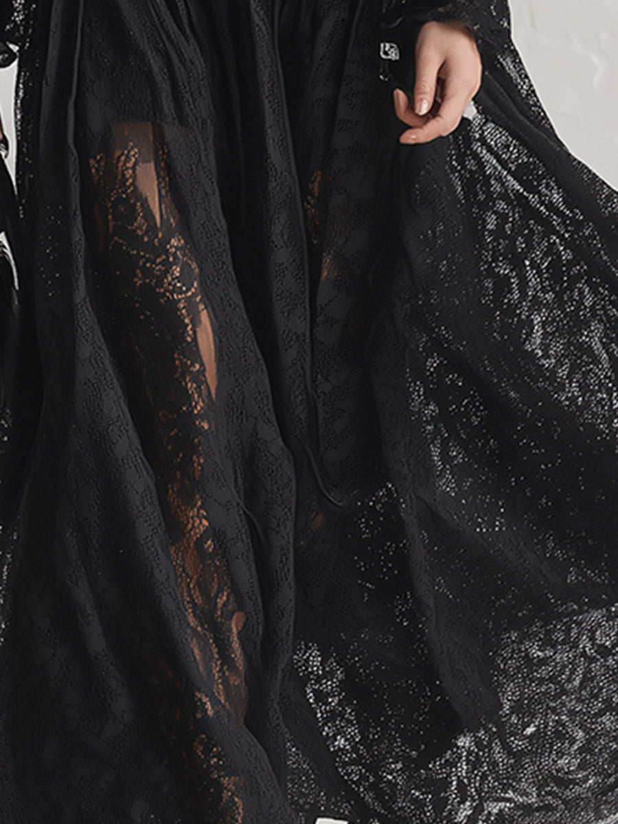 Elegant Sheer Lace Zip-Up Long Sleeve Maxi Dress