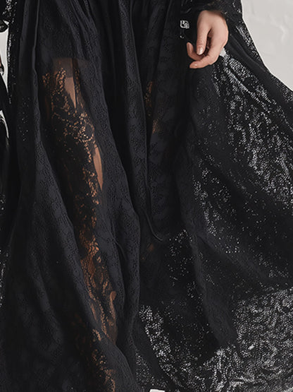 Elegant Sheer Lace Zip-Up Long Sleeve Maxi Dress