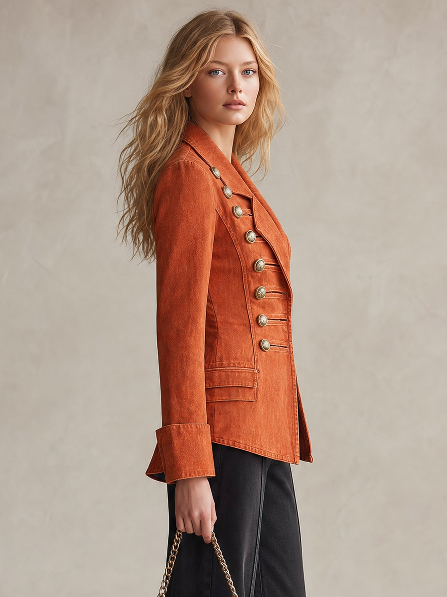 Vintage Double-breasted Gold-button Slim-fit Mid-length Denim Blazer