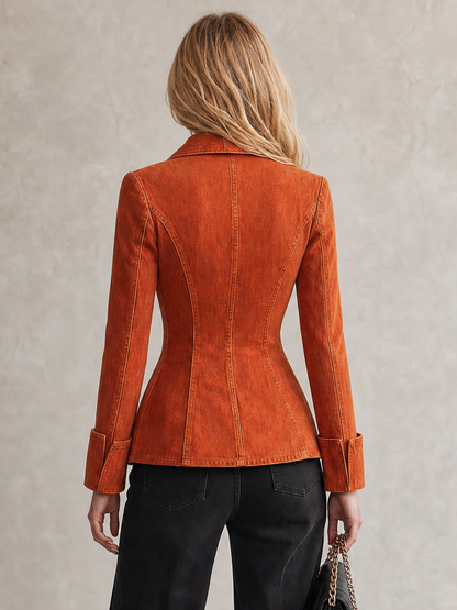 Vintage Double-breasted Gold-button Slim-fit Mid-length Denim Blazer