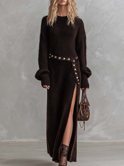Refined Vintage Lazy Round Neck Belt Dark Brown Faux Rabbit Fur Knit Slit Maxi Dress
