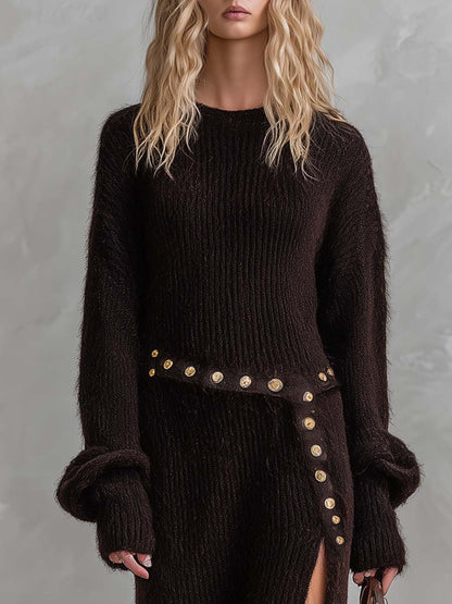 Refined Vintage Lazy Round Neck Belt Dark Brown Faux Rabbit Fur Knit Slit Maxi Dress