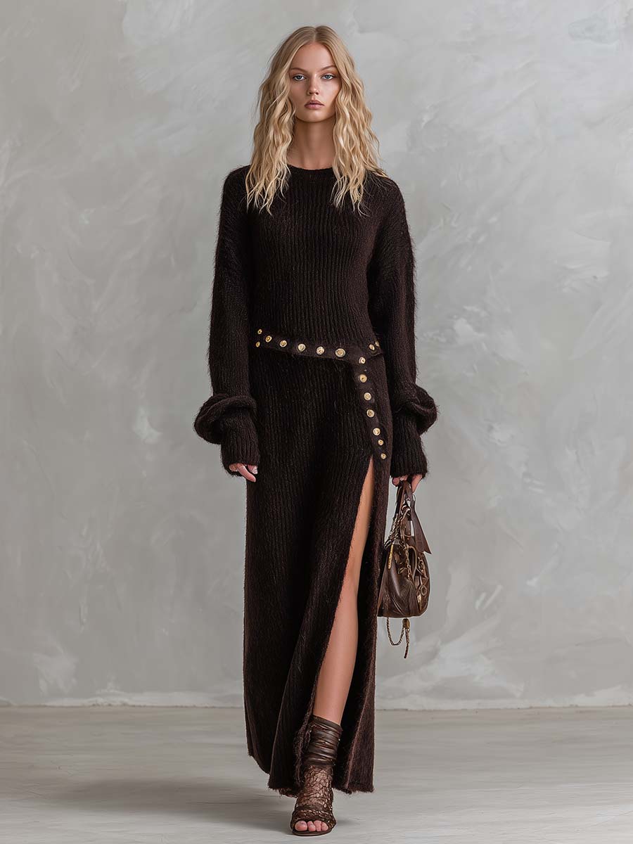 Refined Vintage Lazy Round Neck Belt Dark Brown Faux Rabbit Fur Knit Slit Maxi Dress