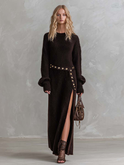 Refined Vintage Lazy Round Neck Belt Dark Brown Faux Rabbit Fur Knit Slit Maxi Dress