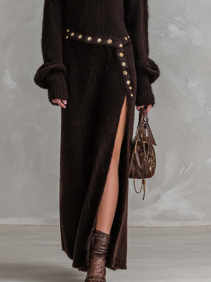 Refined Vintage Lazy Round Neck Belt Dark Brown Faux Rabbit Fur Knit Slit Maxi Dress