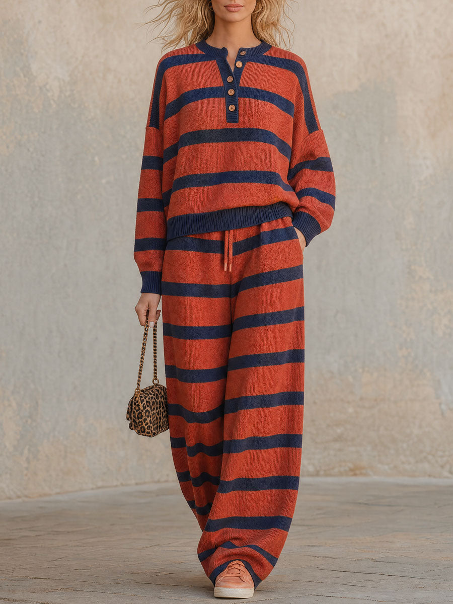 Casual Retro Color-blocked Striped Knit Top And Pants Set
