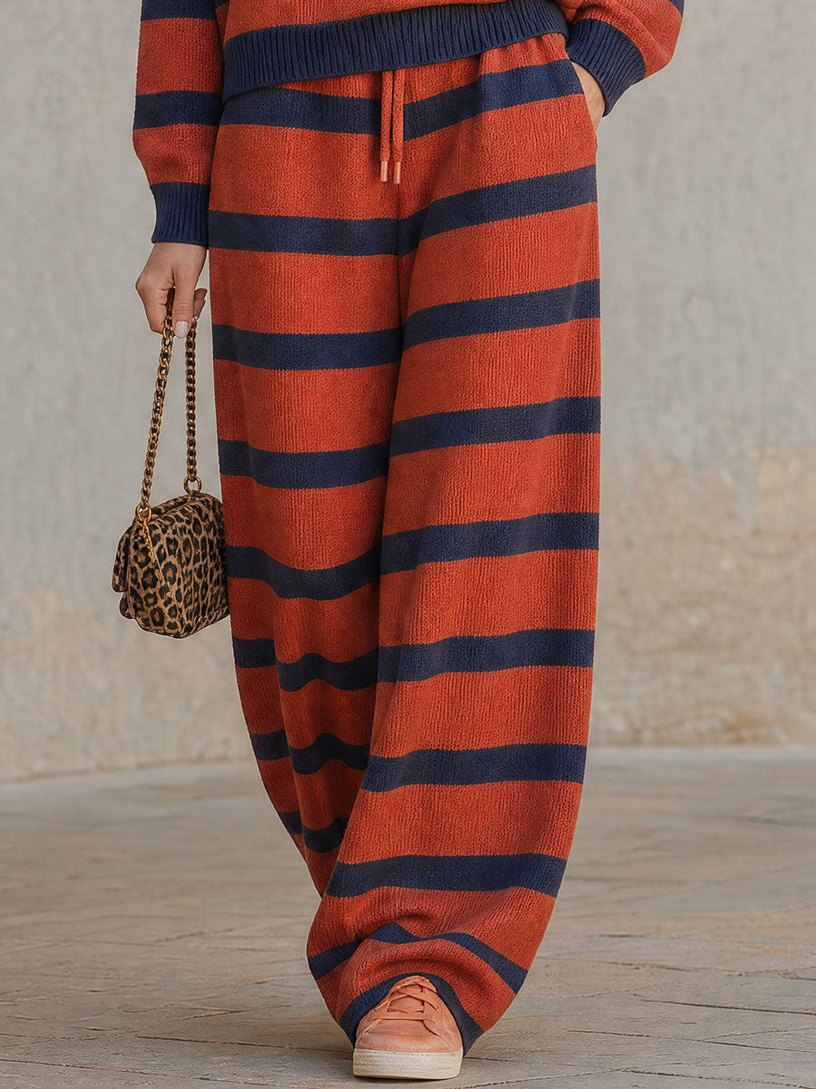 Casual Retro Color-blocked Striped Knit Top And Pants Set