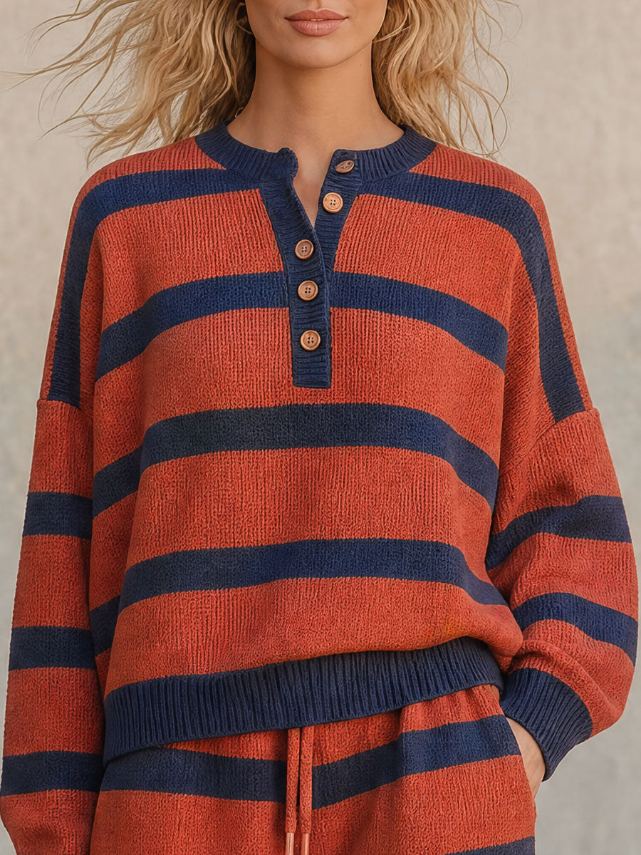 Casual Retro Color-blocked Striped Knit Top And Pants Set