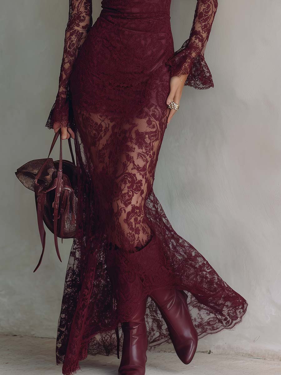 Elegant Vintage Style Square Neck Long-Sleeve Burgundy Lace Maxi Dress