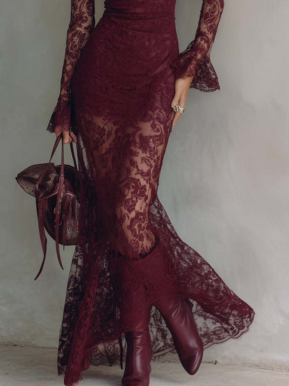 Elegant Vintage Style Square Neck Long-Sleeve Burgundy Lace Maxi Dress