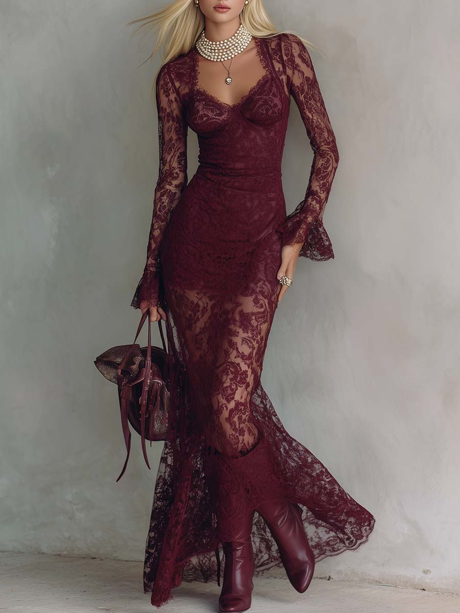 Elegant Vintage Style Square Neck Long-Sleeve Burgundy Lace Maxi Dress