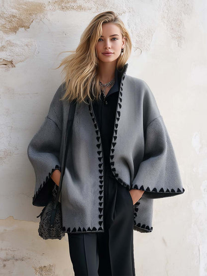 Casual Vintage Stand Collar Gray Herringbone Cropped Tweed Coat