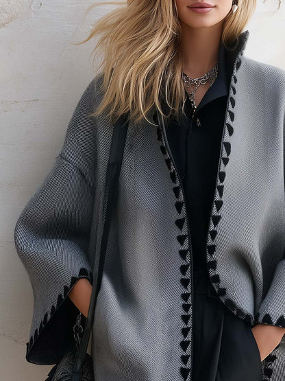 Casual Vintage Stand Collar Gray Herringbone Cropped Tweed Coat