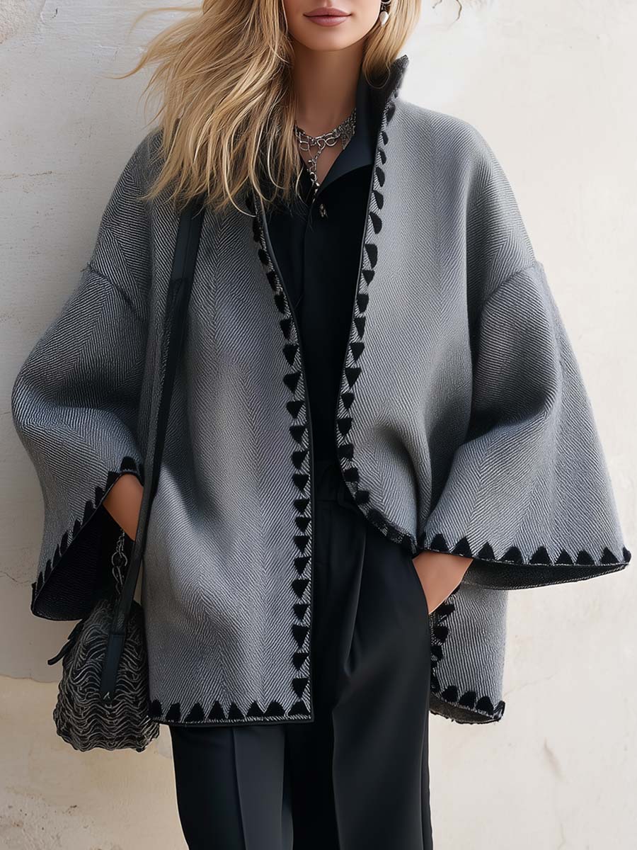 Casual Vintage Stand Collar Gray Herringbone Cropped Tweed Coat