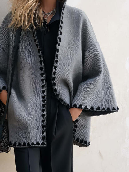 Casual Vintage Stand Collar Gray Herringbone Cropped Tweed Coat
