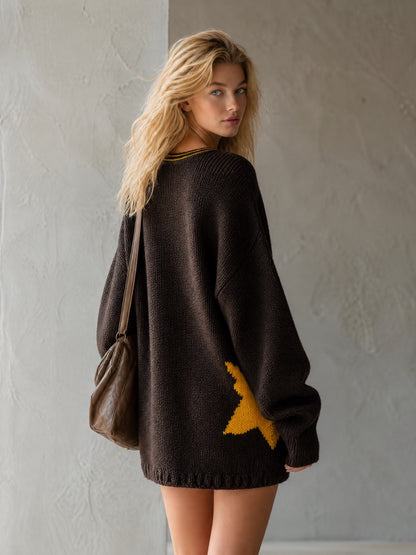Retro Comfort V-neck Star-patterned Dark Brown Knitted Mini Dress