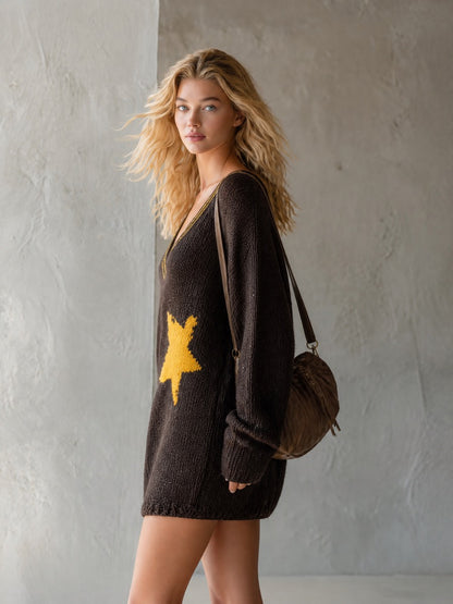 Retro Comfort V-neck Star-patterned Dark Brown Knitted Mini Dress