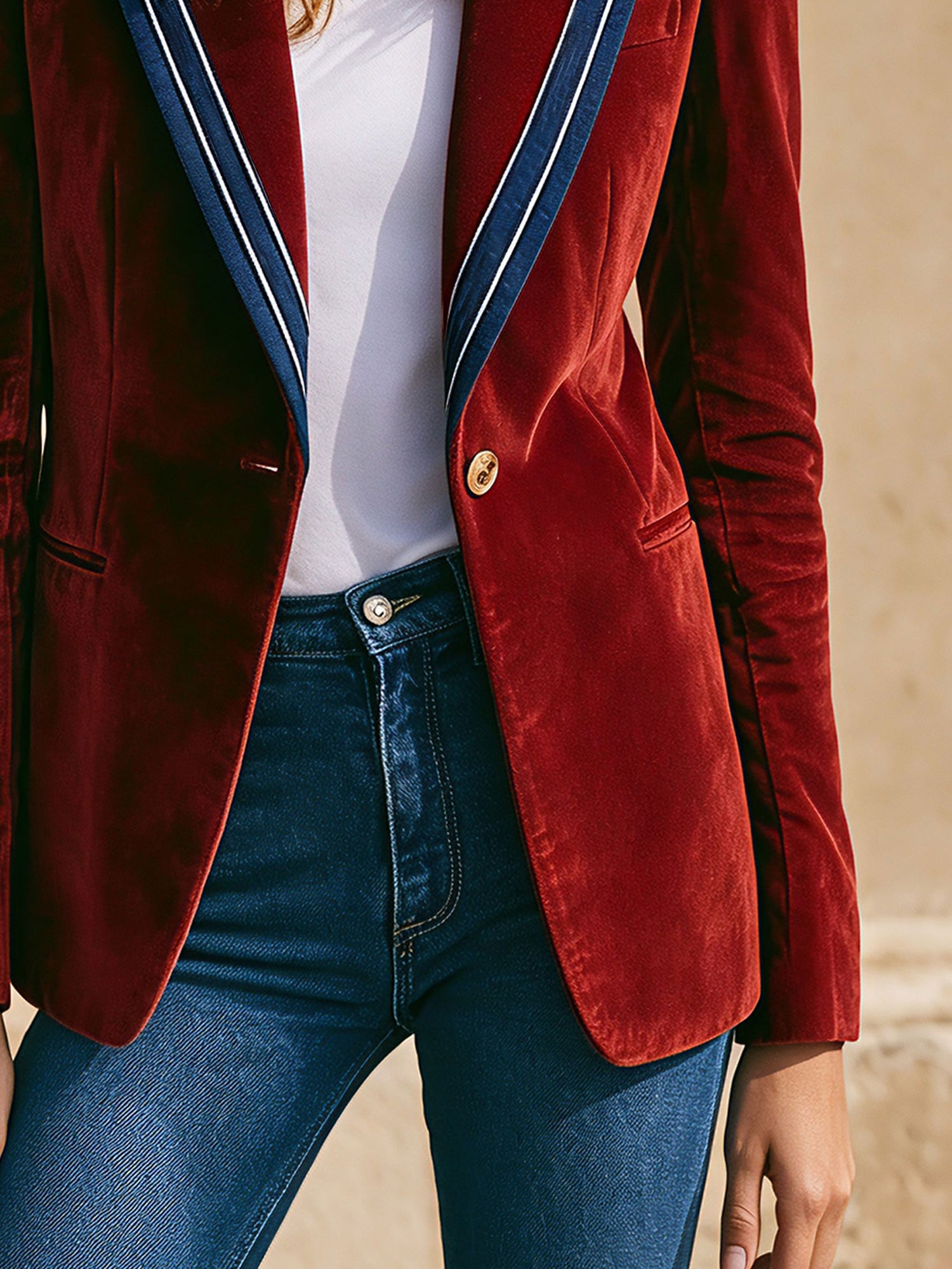 Simple Retro Color-blocked Lapel Red Velvet Blazer