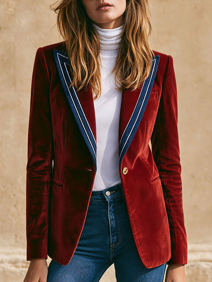 Simple Retro Color-blocked Lapel Red Velvet Blazer