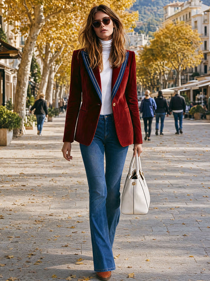 Simple Retro Color-blocked Lapel Red Velvet Blazer