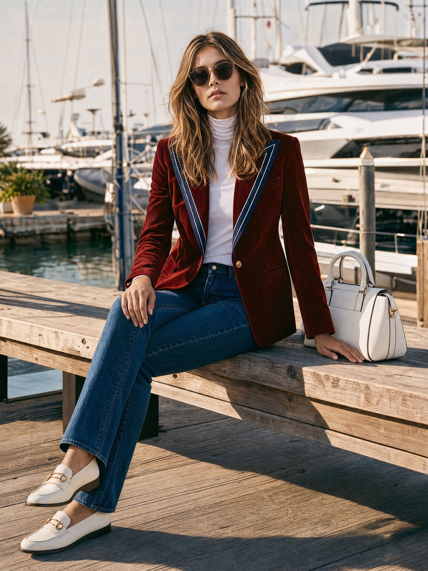Simple Retro Color-blocked Lapel Red Velvet Blazer