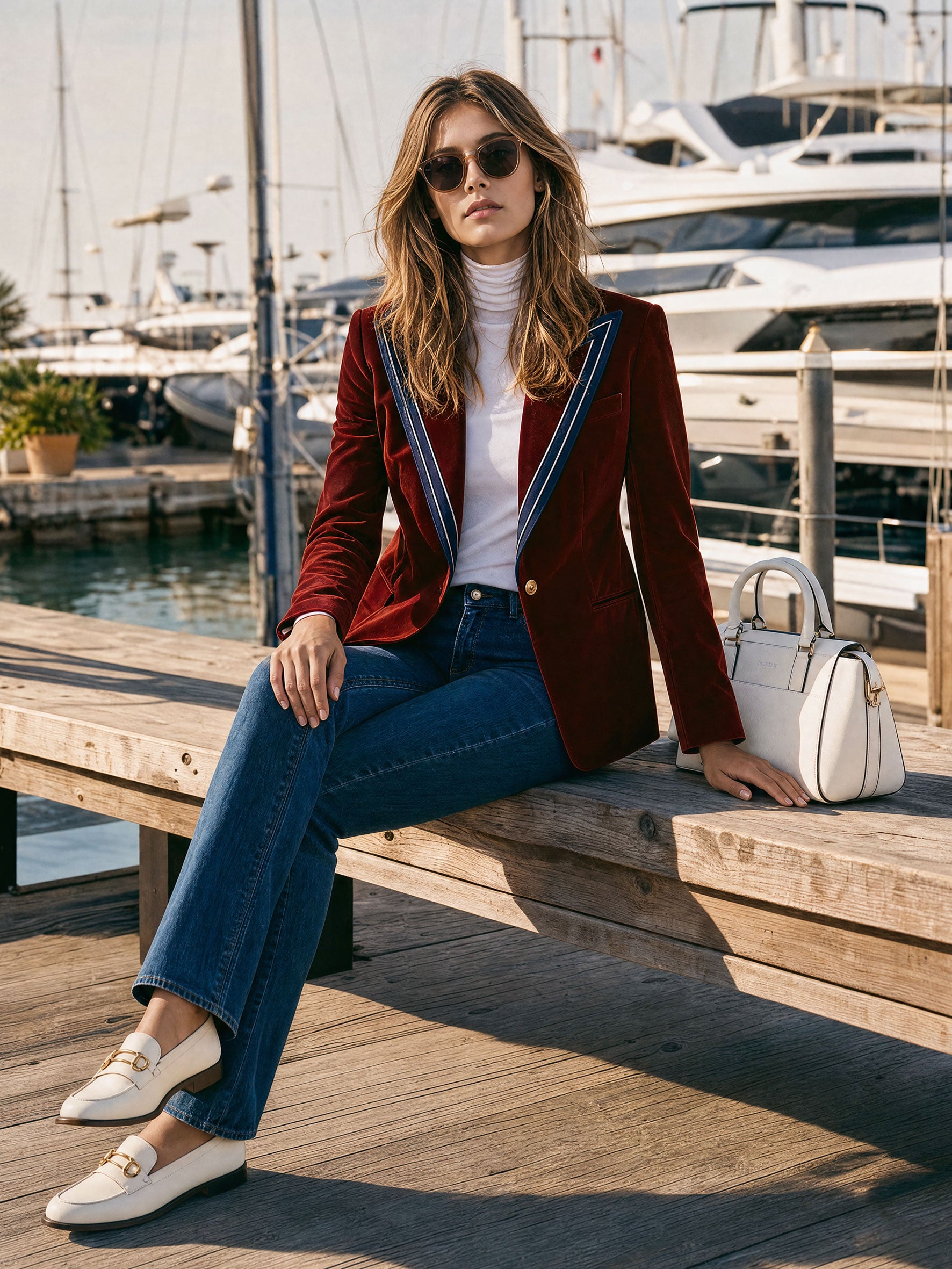 Simple Retro Color-blocked Lapel Red Velvet Blazer