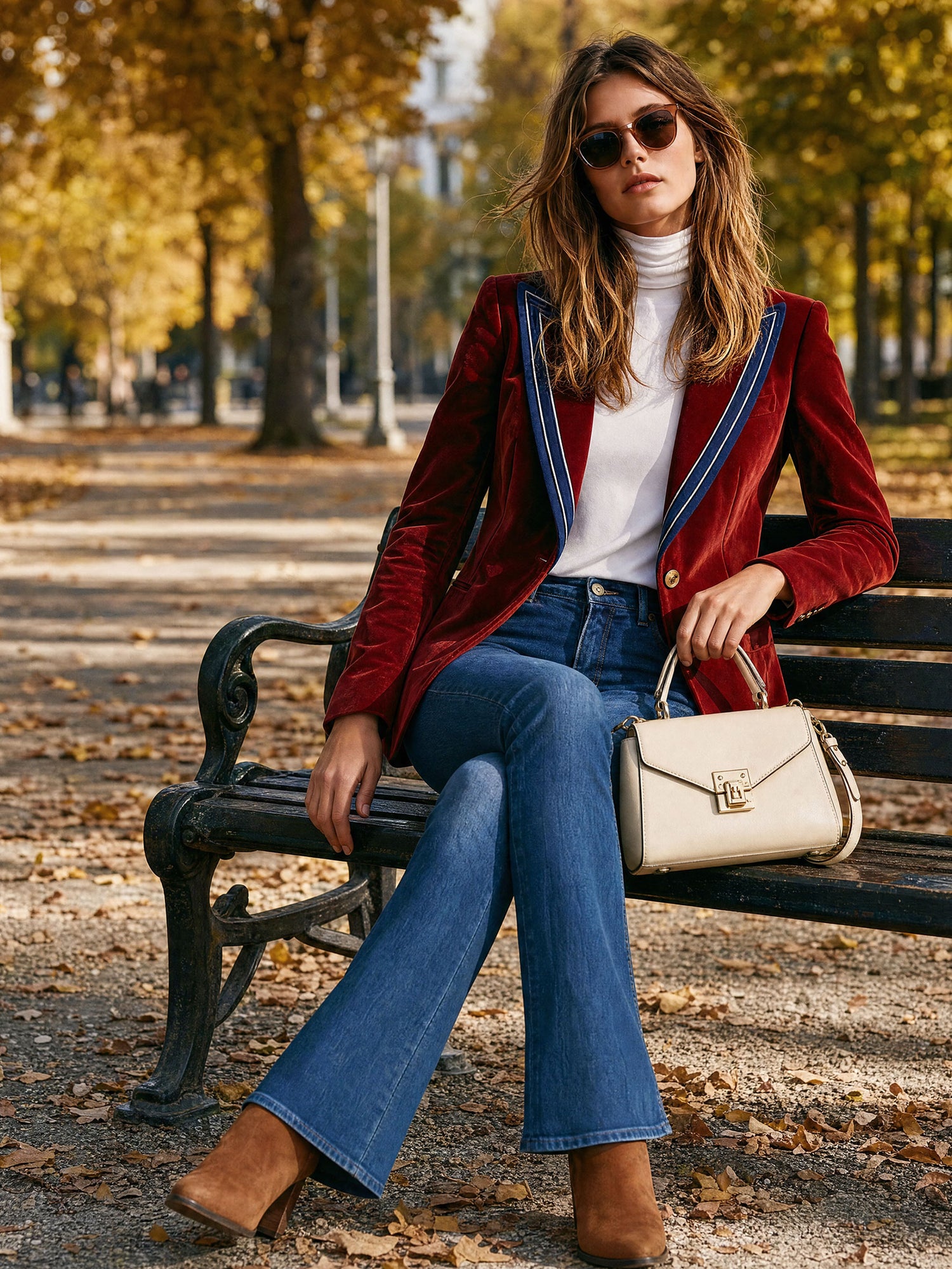 Simple Retro Color-blocked Lapel Red Velvet Blazer