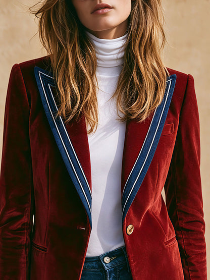 Simple Retro Color-blocked Lapel Red Velvet Blazer