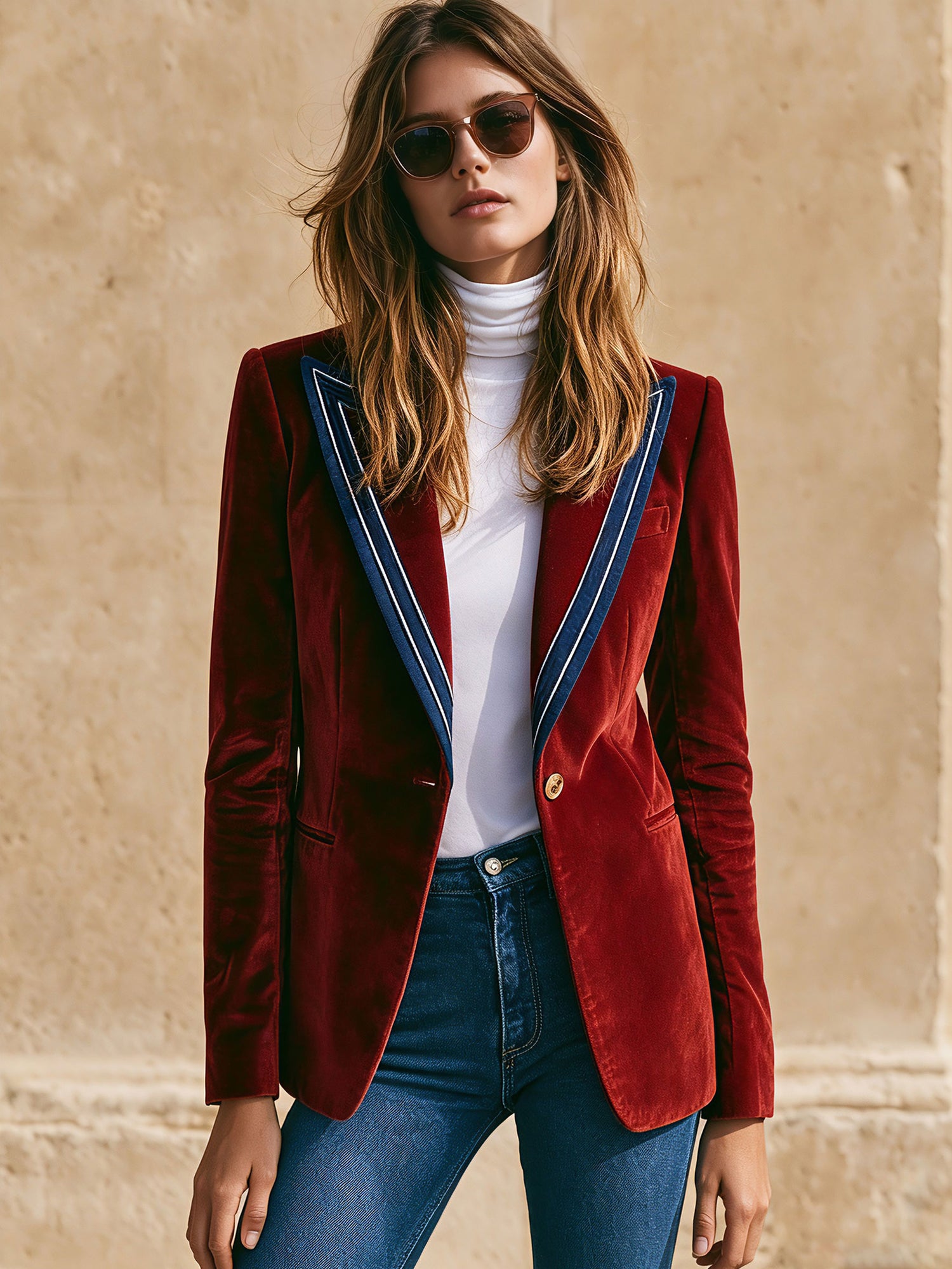 Simple Retro Color-blocked Lapel Red Velvet Blazer
