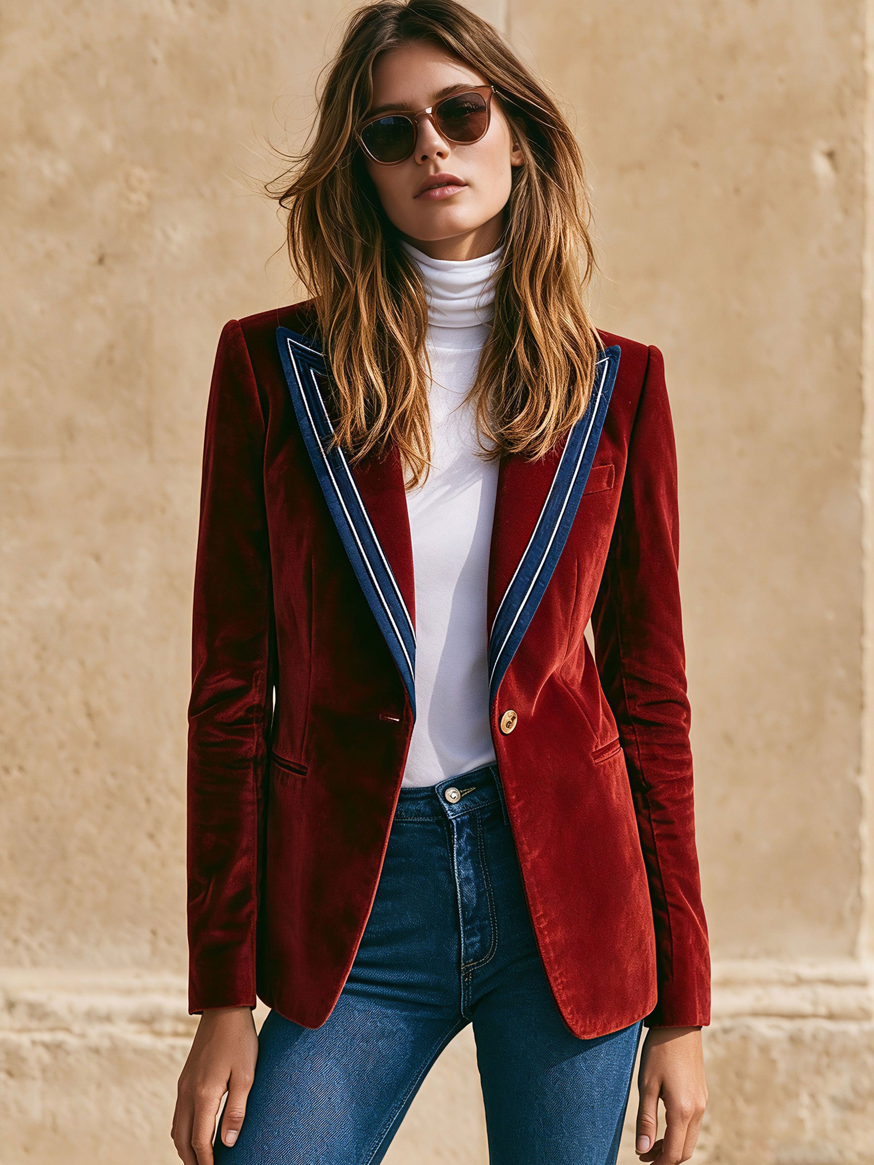 Simple Retro Color-blocked Lapel Red Velvet Blazer