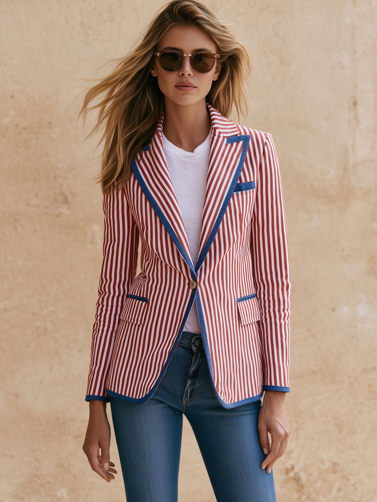 Casual Retro Blue And Red And White Striped Blazer