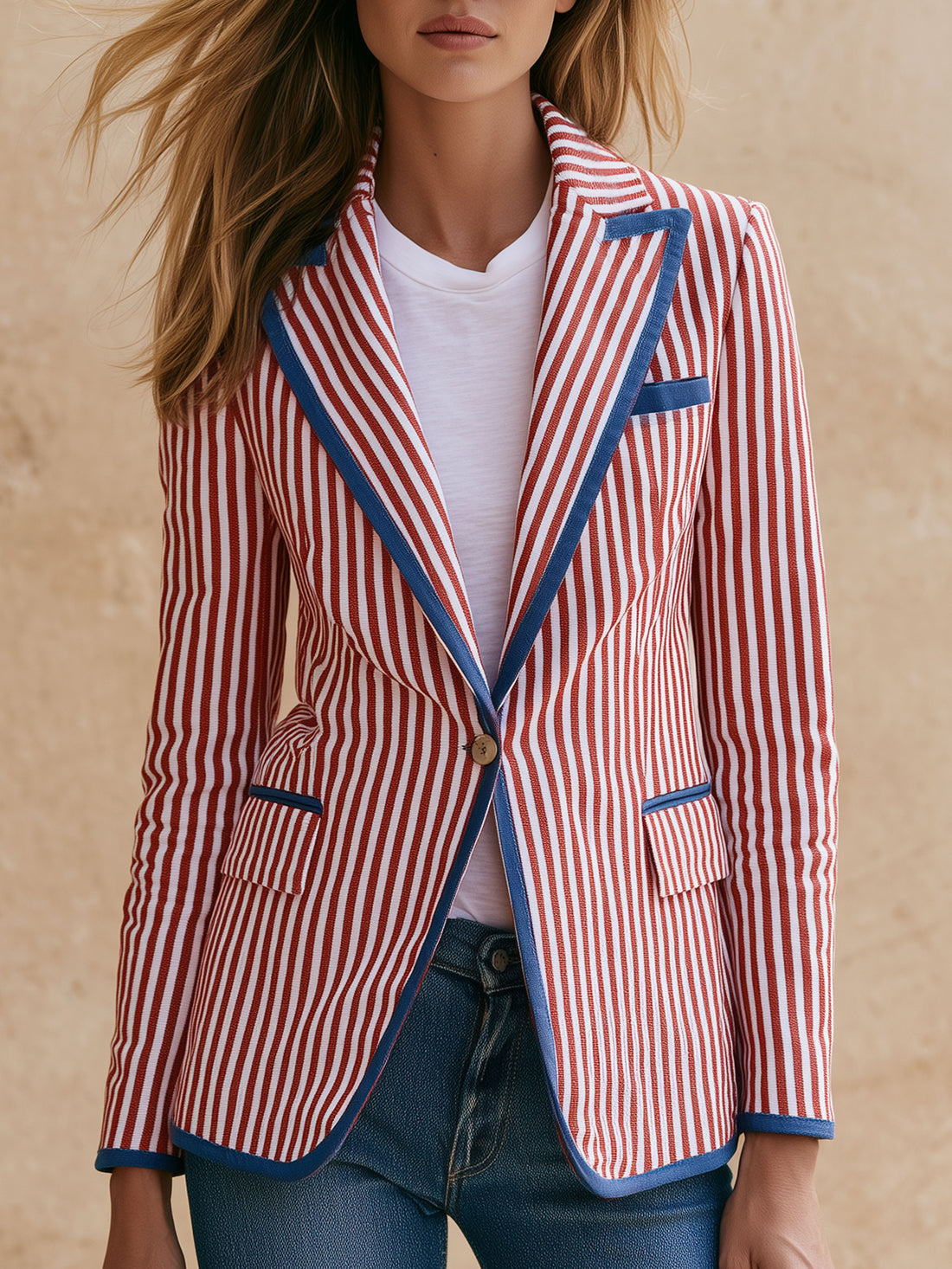 Casual Retro Blue And Red And White Striped Blazer