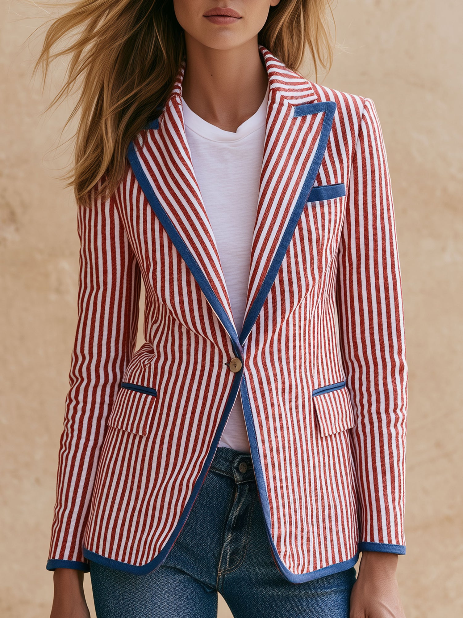 Casual Retro Blue And Red And White Striped Blazer