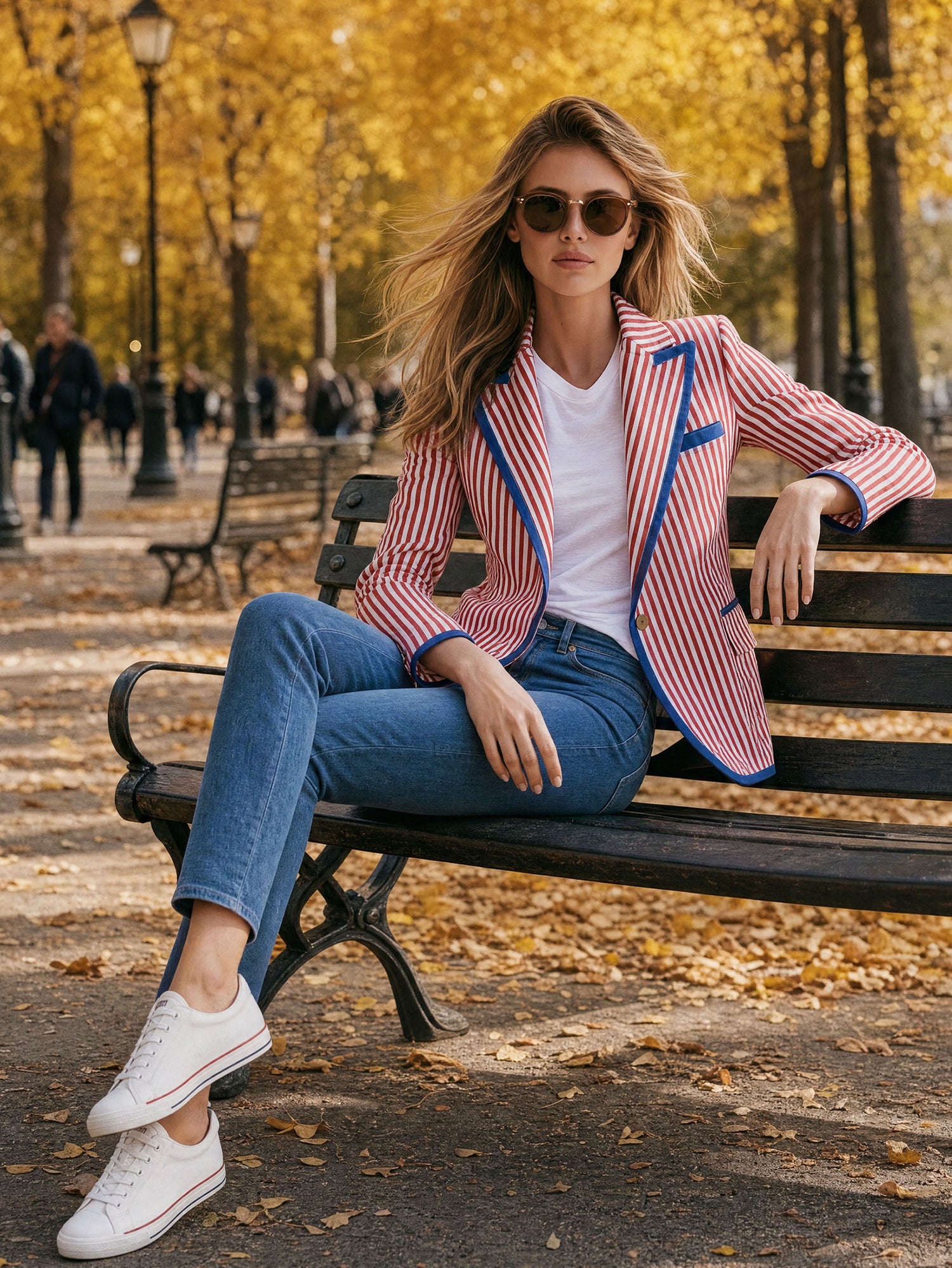 Casual Retro Blue And Red And White Striped Blazer