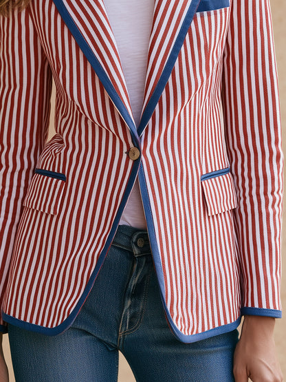 Casual Retro Blue And Red And White Striped Blazer
